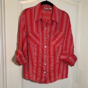 Chico's Vintage Coral, Black and White Silk Blend Button Down Blouse.  Size 2.